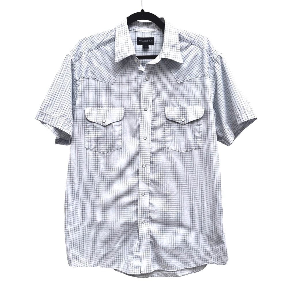 Panhandle Slim Western Snap Shirt Short Sleeve Blue White Grid Size Large - Picture 2 of 6